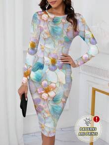 SHEIN Clasi 花卉印花玻璃质感图案女式连衣裙，适合秋冬季日常穿着 - 彩色 - 查看 1