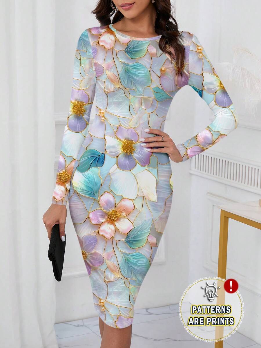 SHEIN Clasi 花卉印花玻璃质感图案女式连衣裙，适合秋冬季日常穿着 - 彩色 - 查看 1