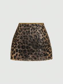 Sweetra 女士复古性感优雅百搭亮片豹纹仿闪光舒适休闲短裙 - 棕色 - 查看 2