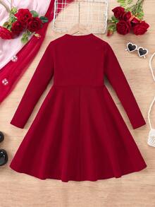 少女优雅休闲圆领套头开衩中长连衣裙，适合上学、日常休闲穿着，秋冬季款 - 酒紅色 - 查看 2