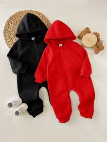 SHEIN 2pcs Baby Girl Cute Solid Color Hooded Jumpsuit, Autumn/Winter - Multicolor - View 3