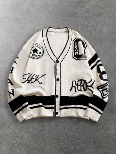 Men's Preppy Graphic Print Cardigan Knit Sweater,