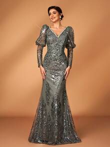 Serin 优雅奢华的串珠、亮片和刺绣网纱泡泡袖V领鱼尾连衣裙，适合婚礼、派对、度假、盛会、节日、新娘、新娘母亲晚礼服等场合。