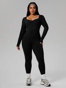 Rhythm Era Women's Diamond Square Neck Long Sleeve Fitted Long Jumpsuit, Casual Sportswear For Daily Wear, Running, Yoga, Plus Size Legging Jumpsuit Unitard Jumpsuit Tummy Control Jumpsuit Tummy Control Romper - Black - View 6