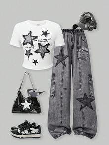 SHEIN ChillGRL 少女星星图案印花圆领 T 恤搭配针织花卉阔腿裤两件套，休闲夏季