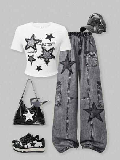 SHEIN ChillGRL 少女星星图案印花圆领 T 恤搭配针织花卉阔腿裤两件套，休闲夏季