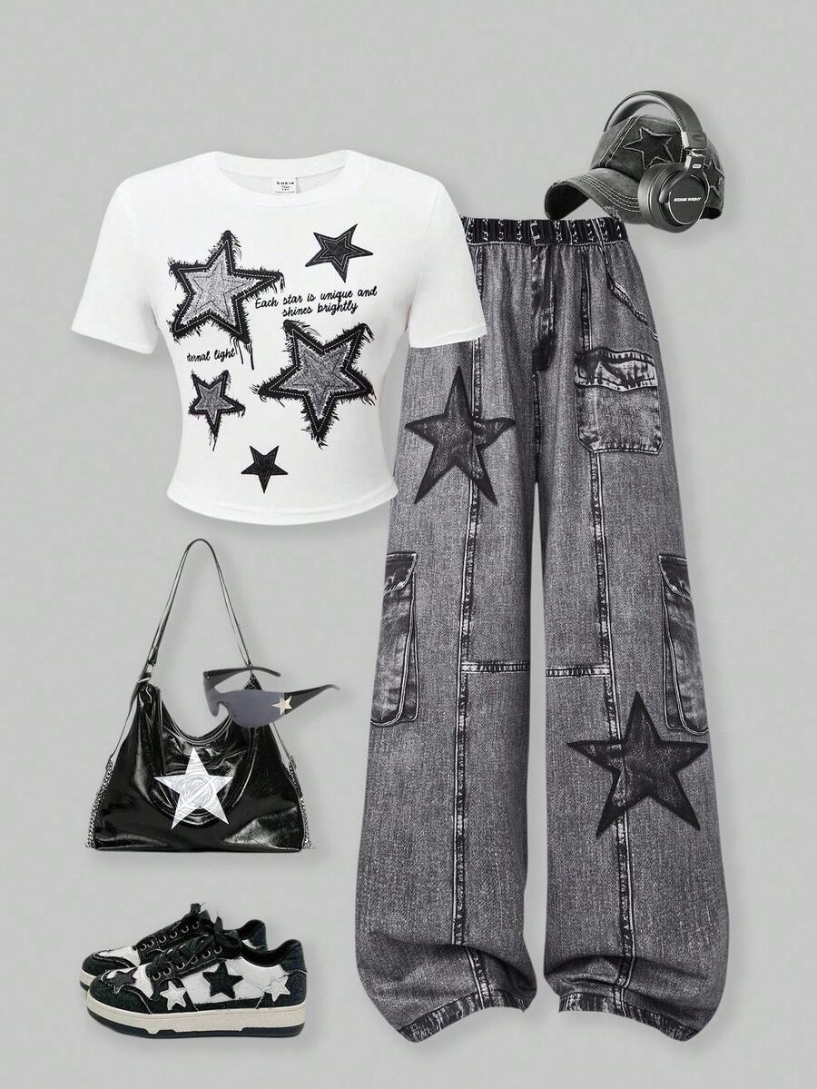 SHEIN ChillGRL 少女星星图案印花圆领 T 恤搭配针织花卉阔腿裤两件套，休闲夏季