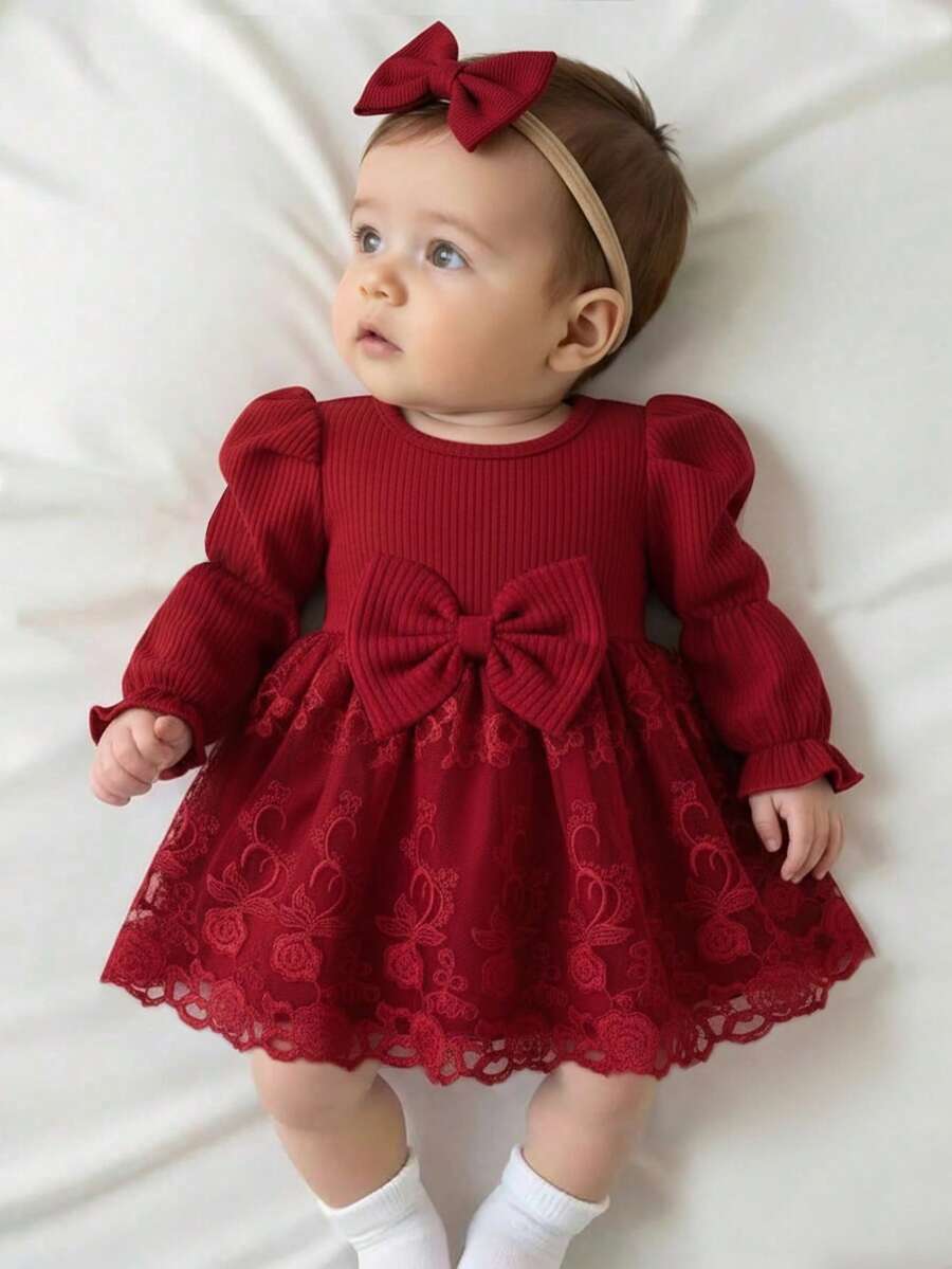 Newborn Baby Girl Casual Cute Red Knit Patchwork Floral Mesh Bodysuit
