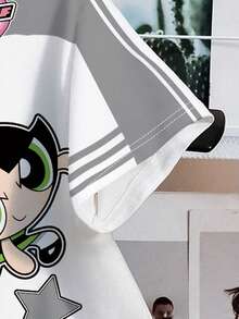 THE POWERPUFF GIRLS X SHEIN 女士休闲时尚街头风趣味可爱卡通星星火焰印花撞色宽松T恤，夏季 - 白色 - 查看 3