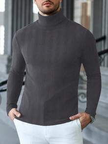 Manfinity CasualCool Men's Casual High Neck Long Sleeve T-Shirt, Autumn/Winter Men Sweater Top Men Turtleneck Shirts Summer Turtle Neck Men Men Knit Tops Mock Neck Men - Grey - View 4