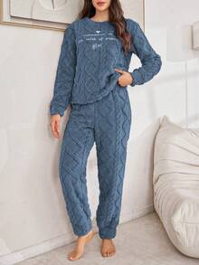 Letter Embroidery Jacquard Plush Women Lounge Set, Fluffy Winter Clothes Cozy Sets Women Pajamas Women 2 Piece Set Women Pajamas Set Comfy Pajamas Set - Blue - View 4