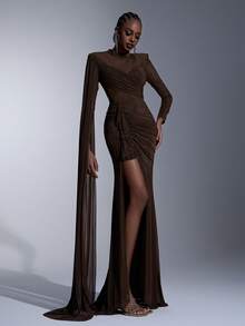 Elitara Elegant Luxurious Stretchy Mesh Sleeve Ruffle Hem Sexy Slit Fishtail Dress With Sequins, Suitable For Weddings, Events, Singles Parties, Vacations, Galas, Formal Occasions - Coffee Brown - View 5
