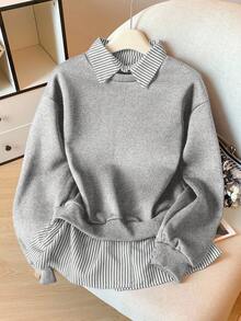 Modelyn Striped Patchwork 2 In 1 Long Sleeve Elegant & Fashionable Women Sweatshirt - Multicolor - View 4