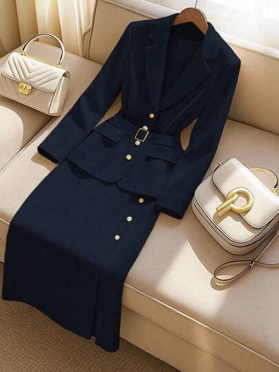 GlowEve CURVE Plus Size Women's Bestselling Solid Color Lapel Long Sleeve Elegant Lady Suit Skirt And Blazer 2 Piece Set Blazer Skirt Set