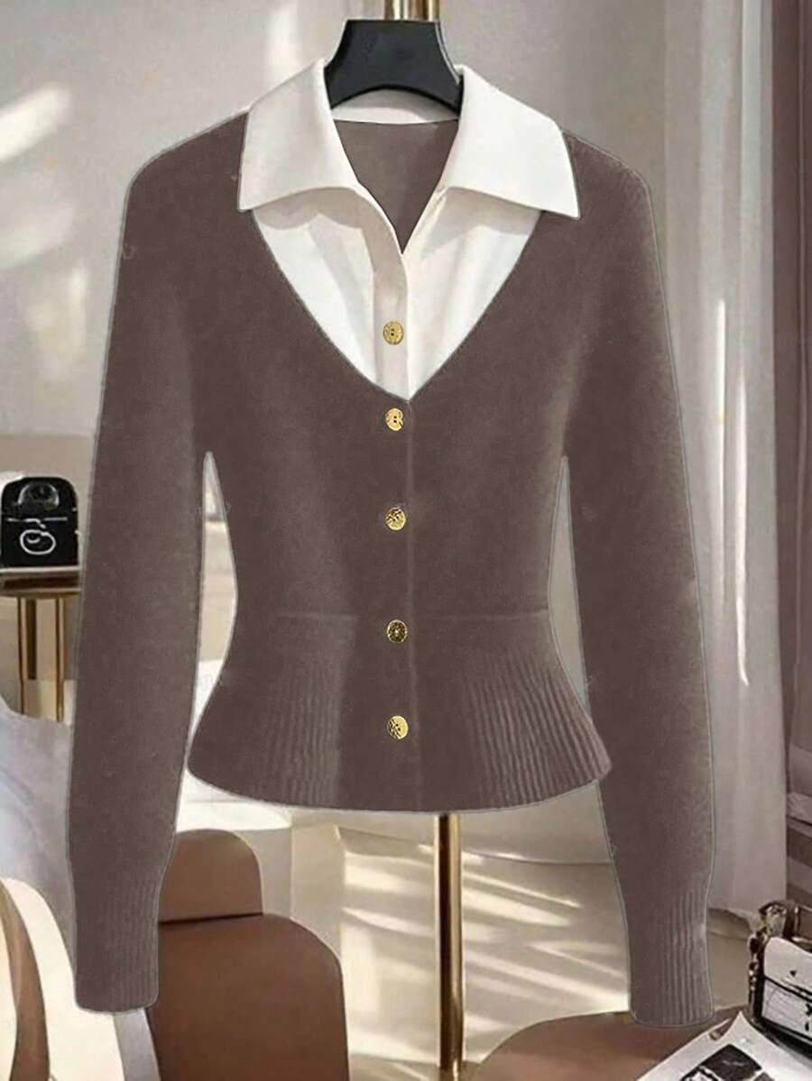 Franclia Nuevo suéter de mujer con cuello de polo 2 en 1 de moda, para otoño - Volcanic Gray - Ver 1