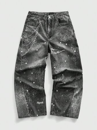 Jeans casual larghi con gamba ampia e motivo a croce sulle tasche per uomo