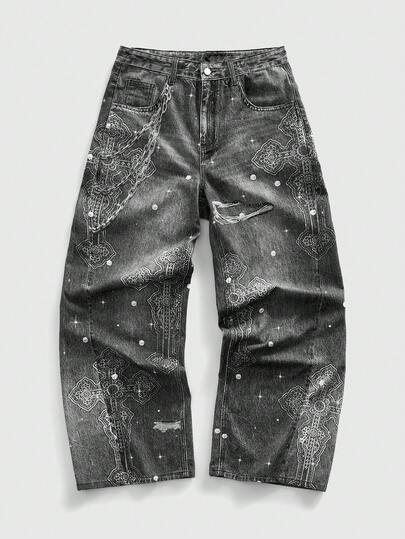 Jeans amples et décontractés à jambe large avec motif croisé sur la poche pour hommes