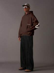 STYNVO 男士保暖内衬休闲字母图案宽松落肩连帽卫衣，秋季棕色连帽衫，棕色卫衣，棕色印花连帽衫，街头风棕色印花连帽衫 - 棕色 - 查看 3