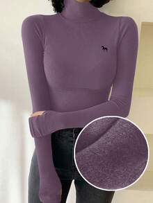 DAZY Women's Turtleneck Tight Fit Thermal Lining T-Shirt With Embroidery Pattern - Purple - View 7