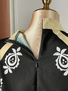 SHEIN Clasi 大码女式优雅度假风印花高领喇叭袖修身连衣裙（忧郁气质）（周三美学） - 彩色 - 查看 8