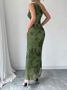 Elenzga Váy dạ hội sang trọng dành cho nữ, cổ lệch in họa tiết tie-dye, không tay gợi cảm - Màu xanh Ô liu - Xem 2