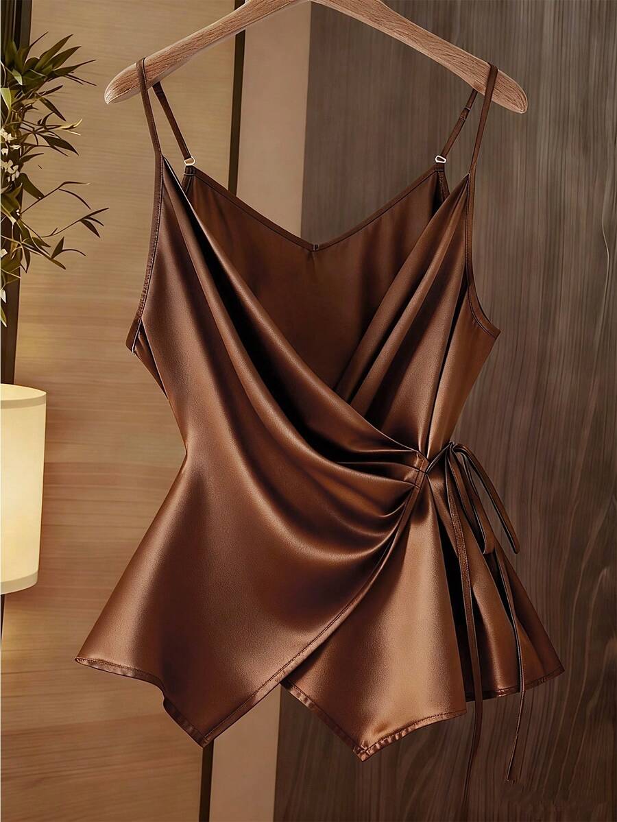 SHEIN Tall CURVE 大码优雅纯色裹身吊带背心，适合通勤和夏季穿着 - 棕色 - 查看 1