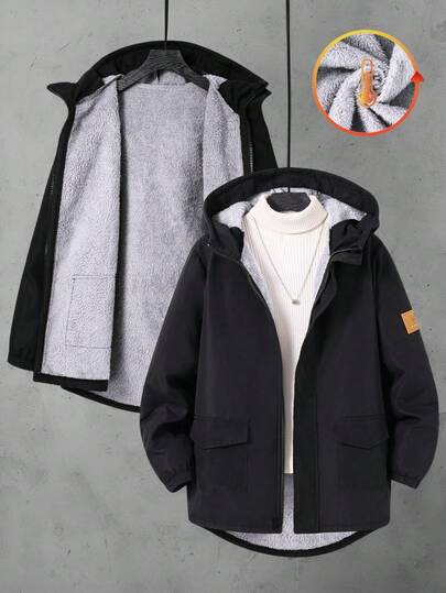 SHEIN 1 Piece Tween Boy Casual Sports College With Fur Strip Decoration Thick Plush Lining Mid-Length Hooded Jacket Black Versatile, And Suitable For Kids Outfits Toddler Boy Clothes Back To School Boys Set Suitable For Birthday Parties, Evening Parties, Performances, Opening Ceremonies Daily Suitable For Daily Use Suitable For School Suitable For Suitable For Sports Suitable For Autumn And Winter