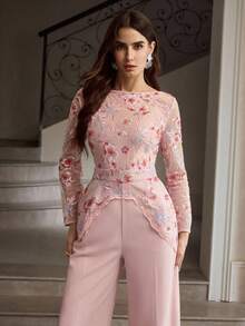 ZEYLAH Women's Elegant Floral Embroidery Mesh Patchwork Sequin Loose Wide Leg Jumpsuit - Pink - View 6