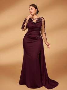 Serin فستان طويل أنيق فاخر شفاف بأكمام طويلة مزين بالتطريز والدانتيل والخرز والراين ستون والكشكشة الحريرية والذيل غير متماثل، مناسب للزفاف والحفلات والسهرات والمناسبات الرسمية وفستان أم العروس (مزخرف بشكل كبير)، عيد الحب - عنابي اللون - مشاهدة 4