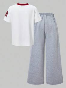 SHEIN ChillGRL 2pcs Set Tween Girl Number Graphic V-Neck Short Sleeve Top And Wide Leg Sports Pants Set, Spring/Summer Back To School Clothes - Multicolor - View 4