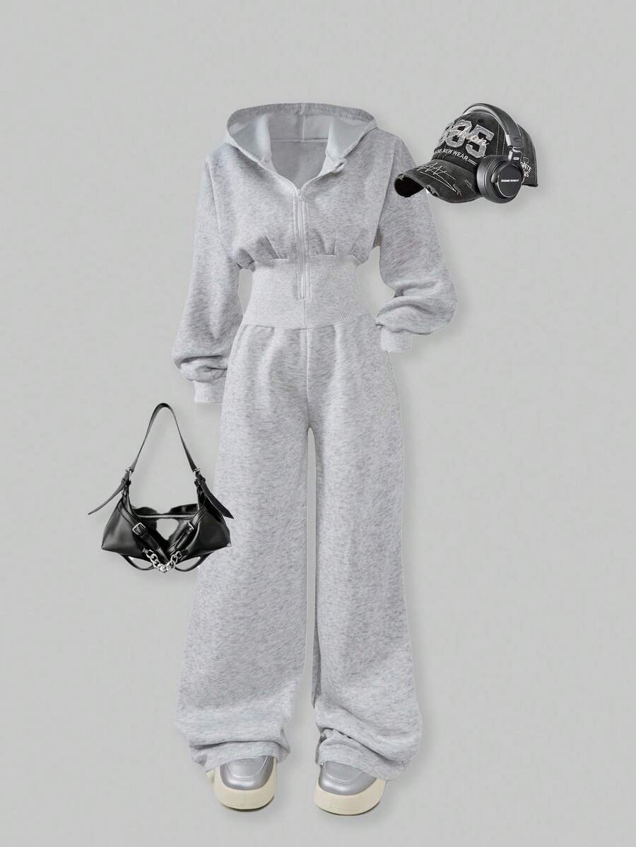 SHEIN ChillGRL 青少年女孩连帽拉链运动衫和高腰保暖衬里裤连体衣 - 灰色 - 查看 1