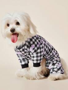 PETSIN 1pc Light Purple Bow Print Pet Jumpsuit Black And White Checkered Autumn And Winter Flannel Warm And Comfortable Pet Warm Clothes
