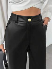 EURMUSE Gold Button Detailed Straight Fit Leather Pants - Black - View 3