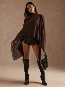 SHEIN BAE 女士棕色波西米亚度假风雪纺飘逸时尚不对称铆钉披肩上衣/金属铆钉上衣/薄纱上衣/沙滩上衣/女士休闲衬衫/度假/棕色上衣 - 鏽棕色 - 查看 3