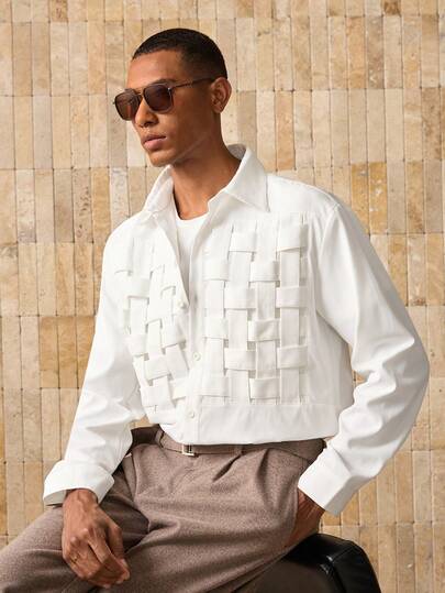 AKNOTIC Men's Long Sleeve Single-Breasted Casual White Woven Shirt