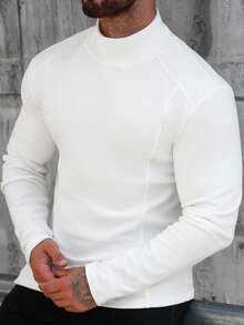 Manfinity CasualCool Men's Solid White Autumn Basic Casual Holiday T-Shirt,Mock Turtleneck Thermal Lined Patchwork Long Sleeve Winter Undershirt - White - View 6