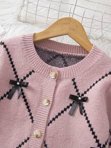 SHEIN 2pcs Set: Bowknot Pearl Embellished Drop Shoulder Sweater & Solid Black Wide Leg Pants, Princess Seam, Suitable For Daily Wear, Back To School, Casual Occasions, Autumn/Winter Girls Sweater Sets Girls Winter Outfit Sets Girl Knit Set Kids Two Piece Sets Twenn Girl Clothes Set Girls Knit Set - Purple - View 5