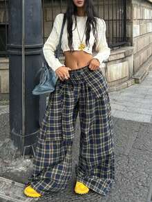 Coolane Winter Clothes For Wome Streetwear Going Out Plaid Woven Casual Gingham Loose Wide Leg Pants - Navy Blue - View 3