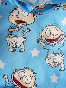 Nick 90s | SHEIN Baby Boy Cartoon Figure Graphic Cute Blue Long Sleeve Hoodie And Pants Set - Blue - View 4