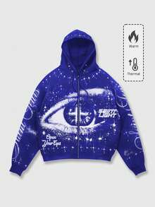 ROMWE MEN Street Life 男士休闲印花拉链卫衣，秋冬款 - 藍色 - 查看 3