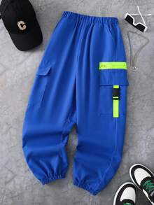 SHEIN Fantacosmos Tween Boy Contrast Color Cargo Style Jogger Pants - Royal Blue - View 3