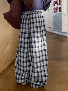 DAZY Damen Weite Hose mit Kordelzug in der Taille, lässig kariert, Herbst/Winter - Schwarz - Übersicht 2