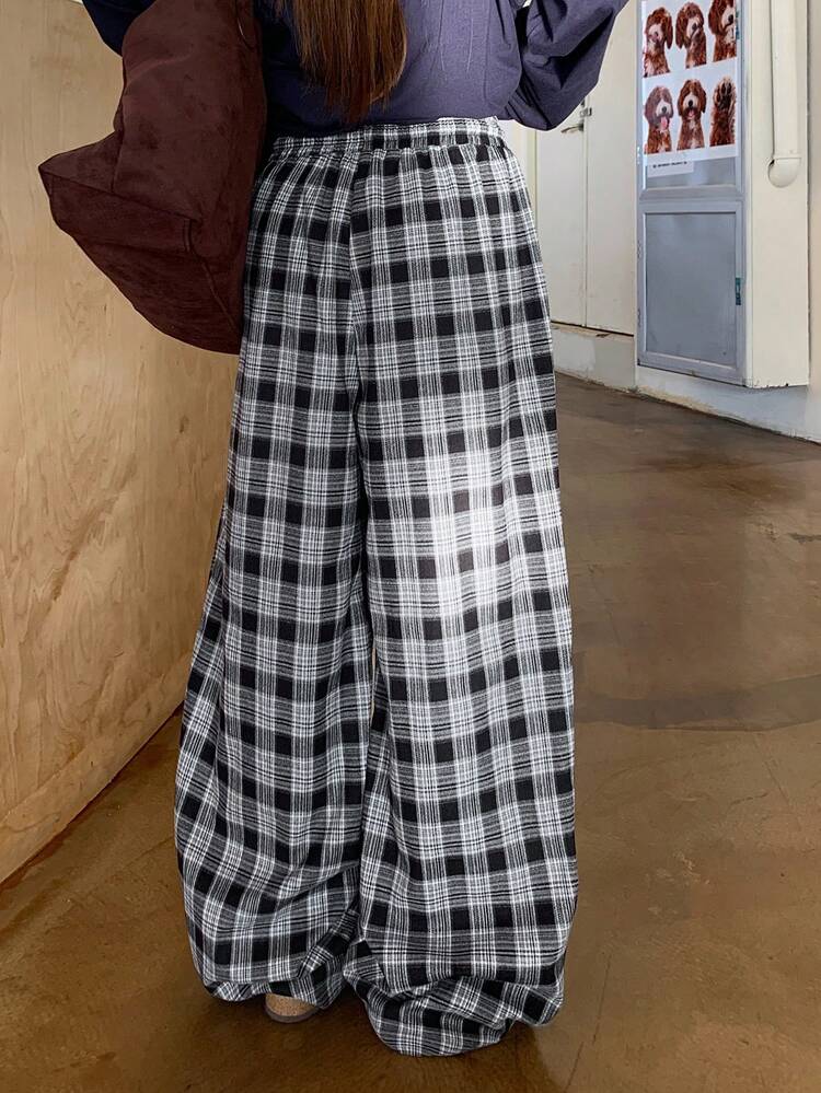 Women's Drawstring Waist Wide Leg Loose Casual Plaid Pants, Autumn/Winter