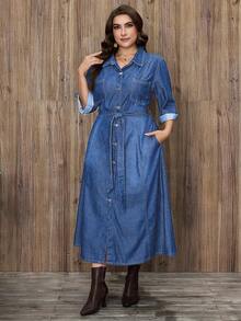 EMERY ROSE Plus Size Women Elegant Belted Denim Dress - Light Wash - View 3