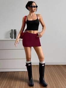 SHEIN EZwear 2pcs Women Knitted Versatile New Skirt Shorts, 2 Pieces Set Skorts For Women Plus Size Mini Skirts Low Rise Skirts Skirts For Women Women's Skorts,Red Skirt - Burgundy - View 5