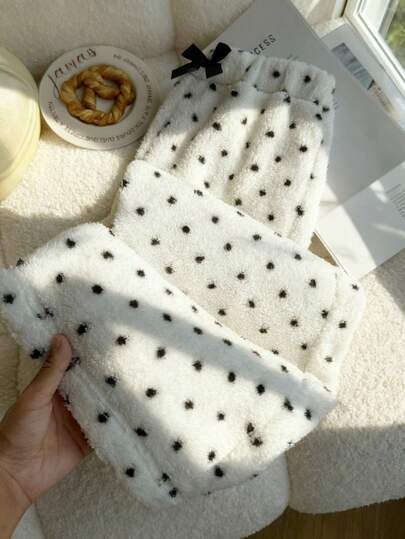 Girls' Big Tween Girl' Winter Fluffy White Polka-Dot Girls' Casual Pants, Made Of Soft Fleece With Cute Black Bow Decorations, Featuring A Comfortable Elastic Waist, Suitable For Children's Casual Sports And Outings