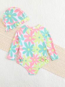女童碎花连体泳衣套装（含泳帽），两件套，适合游泳、度假、夏季穿着。另有女童长袖泳衣套装（含泳帽）可供选择。 - 彩色 - 查看 3