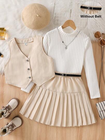 SHEIN 3pcs Girls Sleeveless Buttoned Vest, Turtleneck Ribbed Long Sleeve T-Shirt, And Pleated Skirt With Belt Set