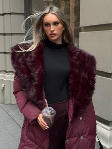 Aloruh Abrigo acolchado de longitud media con cuello de piel sintética para mujer, abrigo de invierno color vino tinto, abrigo burdeos, estilo "Old Money", elegante para ir al trabajo, casual de negocios, invierno, otoño - Burdeos - Ver 5