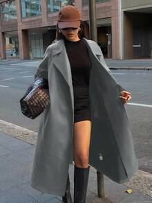 DAZY 女士纯色翻领插肩袖休闲羊毛混纺外套，秋冬女式外套 - 淺灰色 - 查看 8